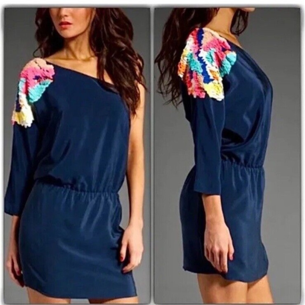 Tibi Dark Blue Midi Dress with Colorful Shoulder Accents